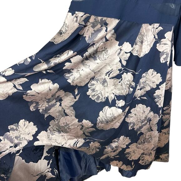 Xscape Navy Blue Brocade Floral High Low Formal Long Sleeve Midi Gown Size 18W - Picture 8 of 14